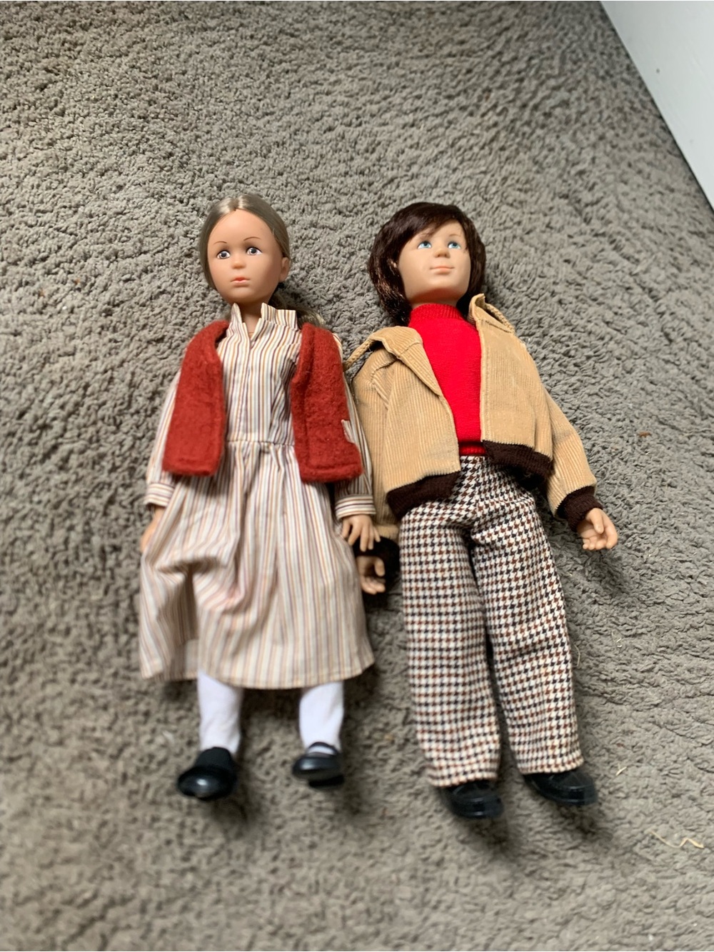 Classic Pair of Kids Dolls in Red and Tan Outfits